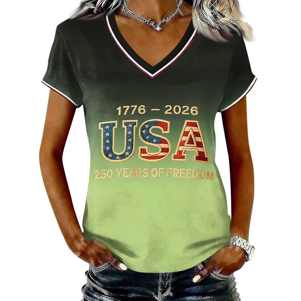 Women Casual V Neck Short Sleeve Pullover T Shirt Gradient Print USA Independence Day Graphic Top
