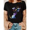 European Size Women's Casual Short Sleeve T-Shirt - Rainbow Butterfly & Cat Geometric Print, Relaxed Fit, Breathable Summer Fabric