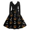 Women Casual V Neck Long Sleeve Dress Halloween Printed Skirt Vintage Style Midi Dress with Belt Fit and Flare Design