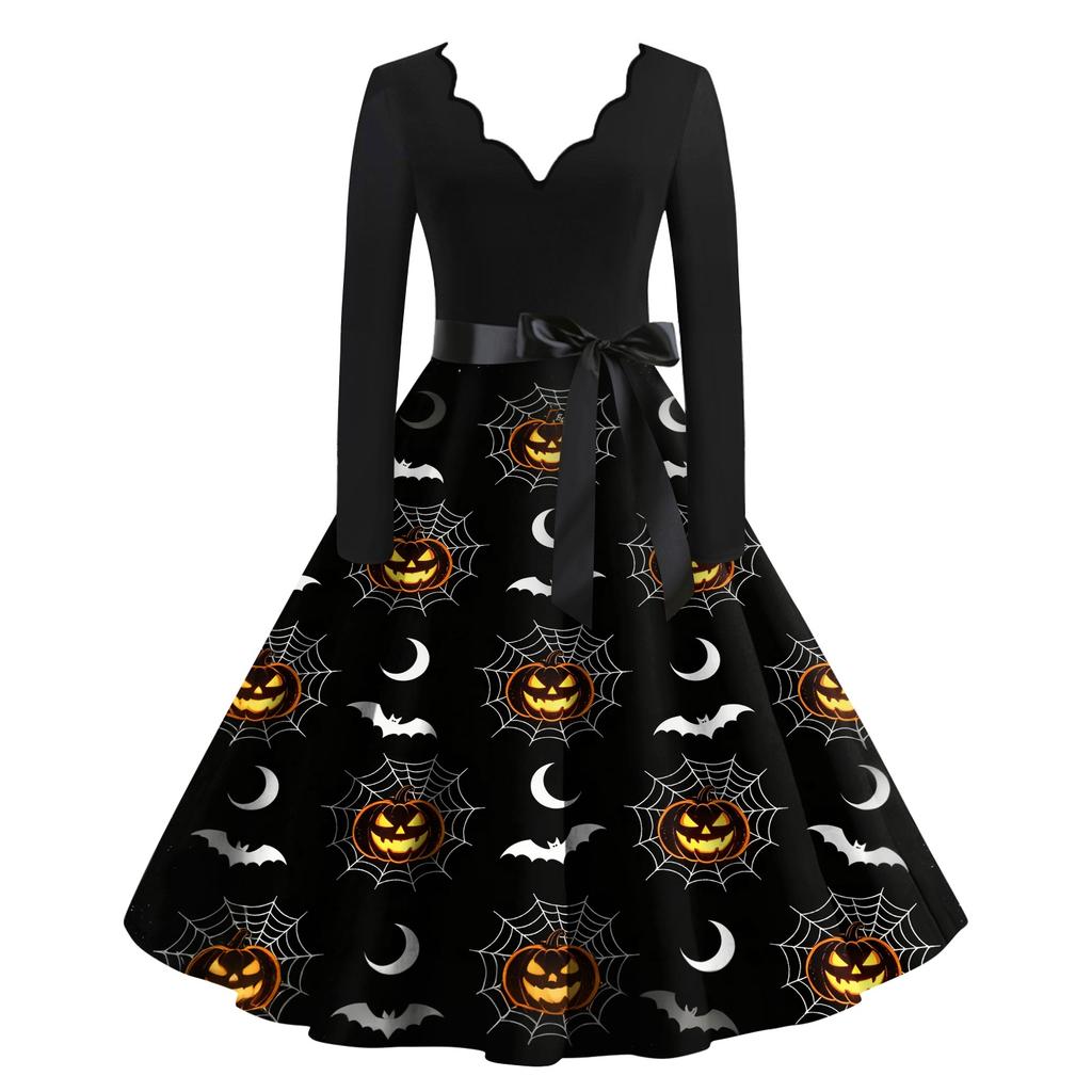Women Casual V Neck Long Sleeve Dress Halloween Printed Skirt Vintage Style Midi Dress with Belt Fit and Flare Design