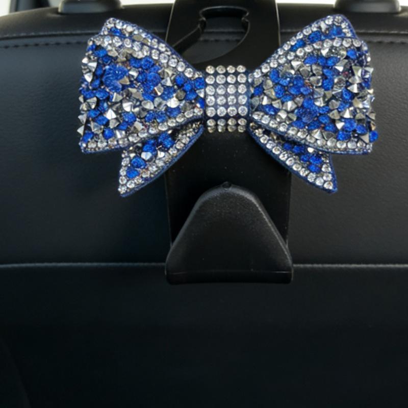 Car Headrest Hooks Shiny Rhinestone Bow Ornament Super Load Bearing Sturdy Universal Auto Hangers for Groceries Handbags Clothes