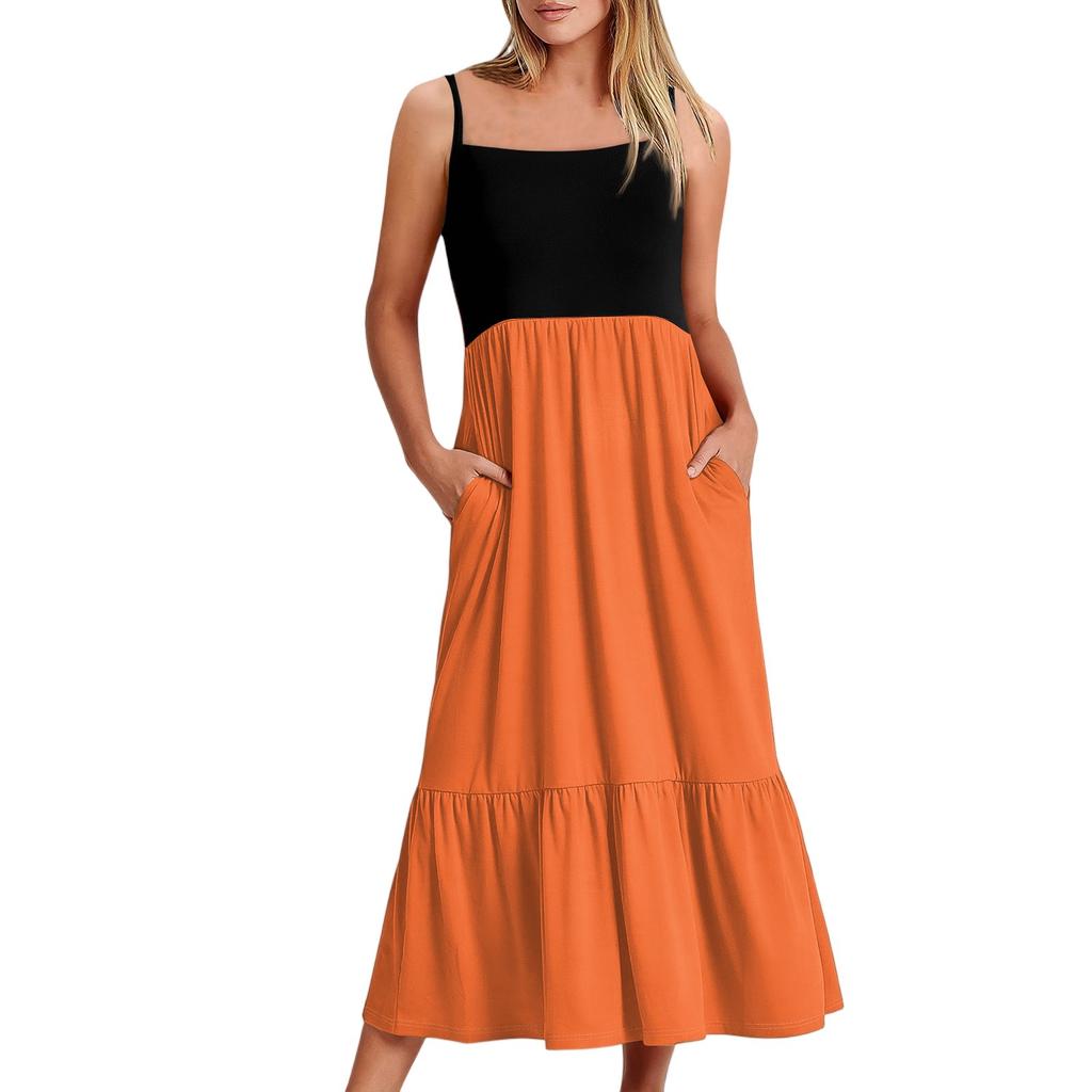 Women's Long Beach Casual Elegant Spaghetti Strap Maxi Dress Stitching Low-key Flowing Bohemian Dress