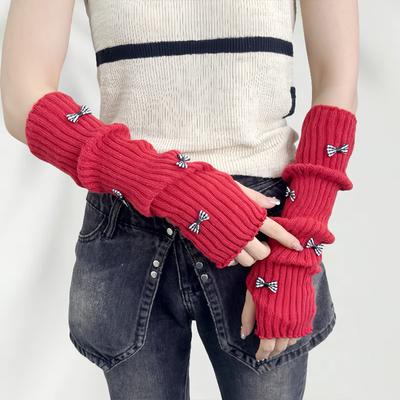 Sweet Cute Fur Bowknot Fingerless Gloves Girl Cosplay Sleeves Arm Sleeves Wool Knitted Sleeves