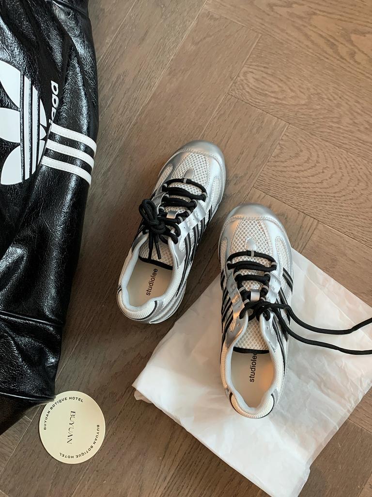 Mesh Striped Lace-up German Training Shoes Women's 2025 Summer New Fashionable Versatile Feet Small Breathable Casual White Shoes