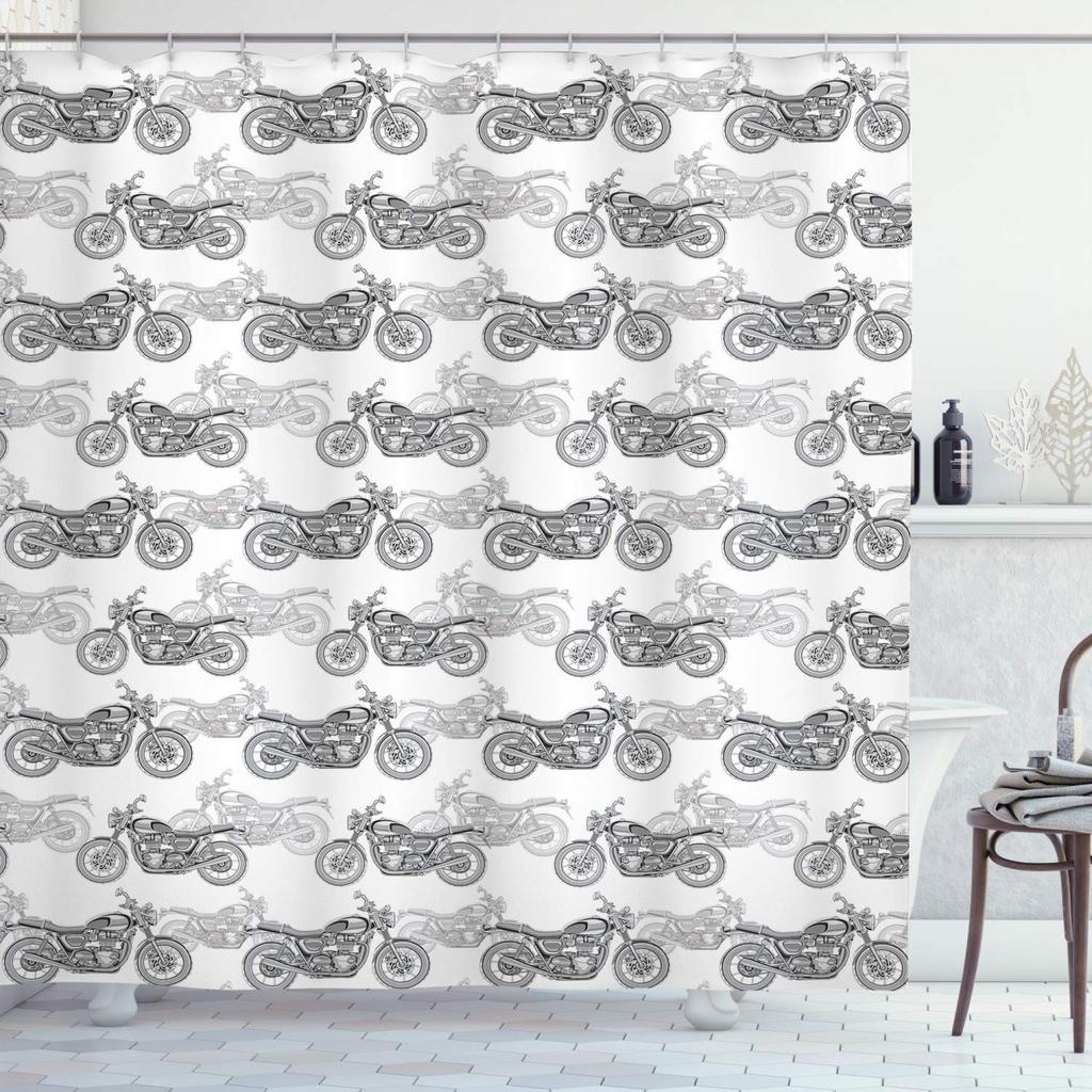 Motorcycle Shower Curtain Horsepower Adventurous Journey Freedom Ride Masculine Vehicle Bathroom Curtains Decor Set With Hooks