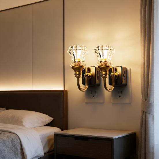 Vintage Plug-In Night Light with Resin Dusk-to-Dawn Sensor Brass Base LED Lamp Light Energy-Saving Ambient Night