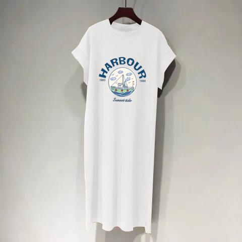 Korean summer women's large size long knee dress short sleeve T-shirt skirt women's fashion split letter print dress