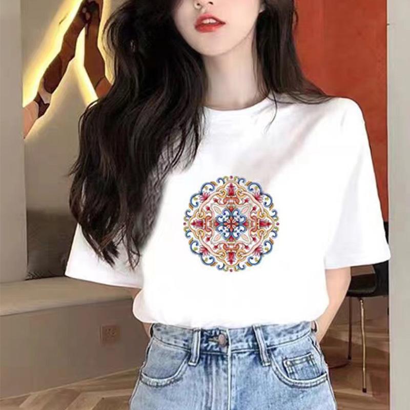 

Летняя женская хлопковая рубашка с круглым вырезом и короткими рукавами.;футболка с трендовым принтом, новая футболка S белый