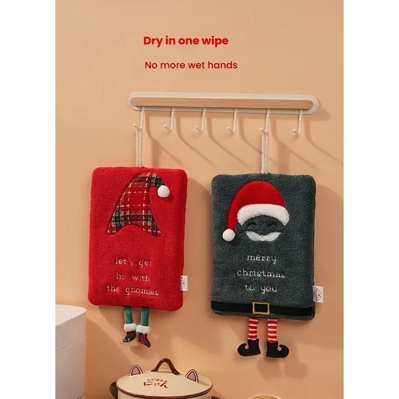 2 Stück Festliche Weihnachtshandtücher Dickes Korallenfleece, Schnell trocknende Handtücher mit Wichtel-Weihnachtsmann-Designs, Perfekt für Küchen-Badezimmer-Dekor, Badezimmerdekor