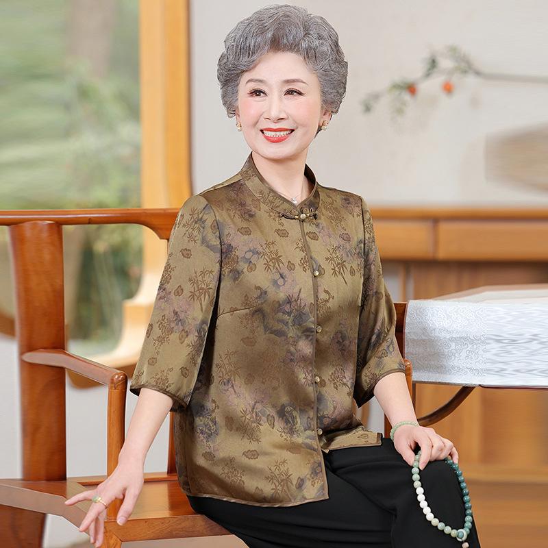 

New Summer Mandarin Collar Chiffon Cardigan: Five-Sleeve Floral Shirt for Middle-Aged & Elderly Women 2XL (110-120 jin) кавовий