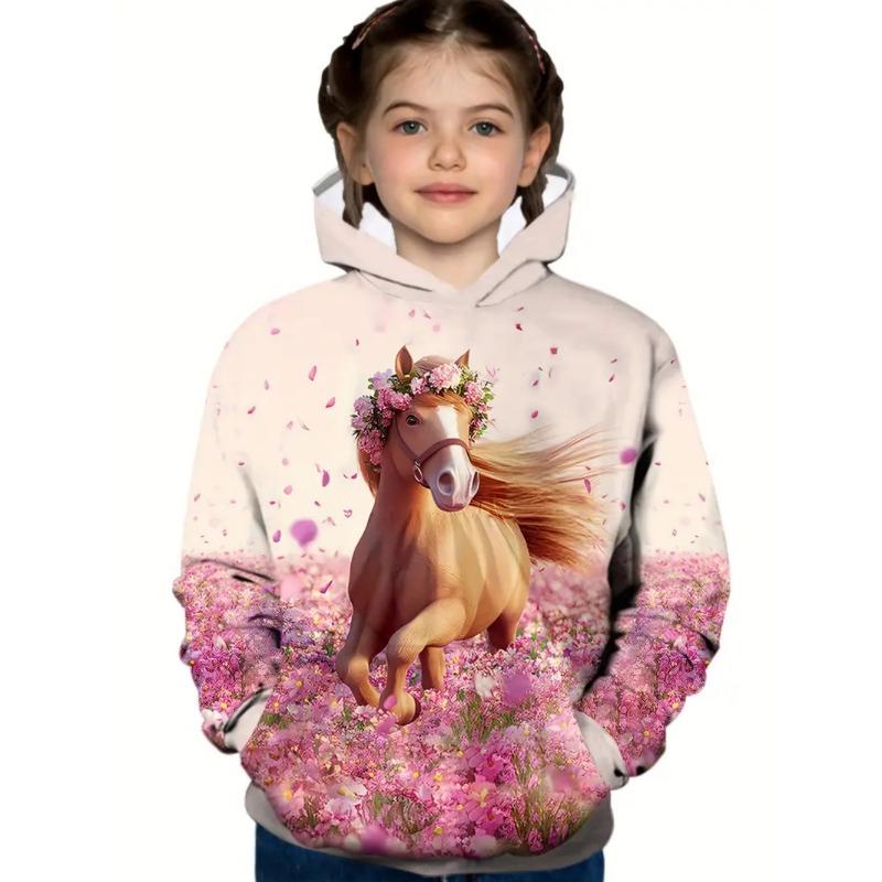 Vêtements Cool pour Filles Équestres Animaux Impression 3D Automne Sweats à Capuche Manches Longues Amples Légers Sweat Confortable Vêtements pour Enfants