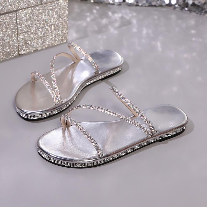 Sexy Sliver Narrow Band Slippers Women 2025 Summer Glitter Decoration Round Toe Flat Heels Sandals Beach Sandals Size 43