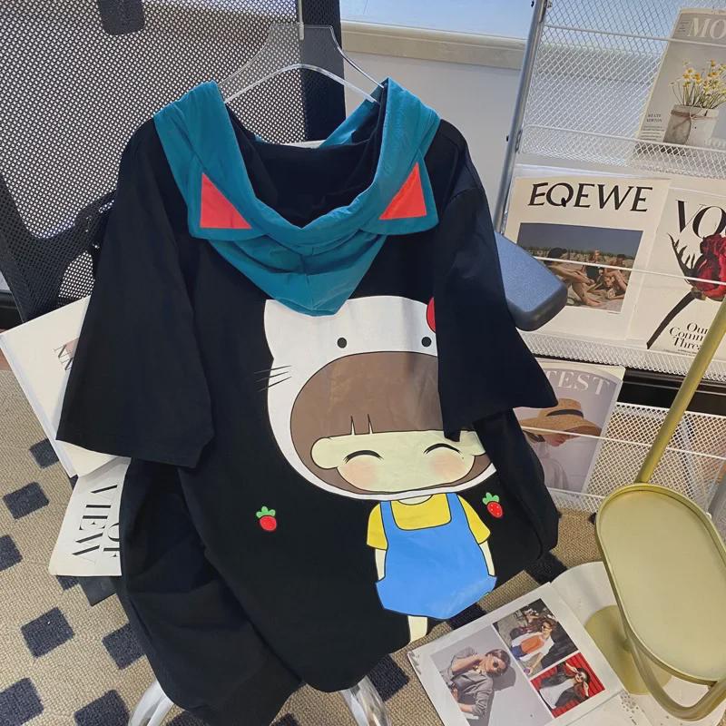 Women's Plus Size Korean Style Casual Loose Short Sleeve Hooded T-Shirt - Summer Design