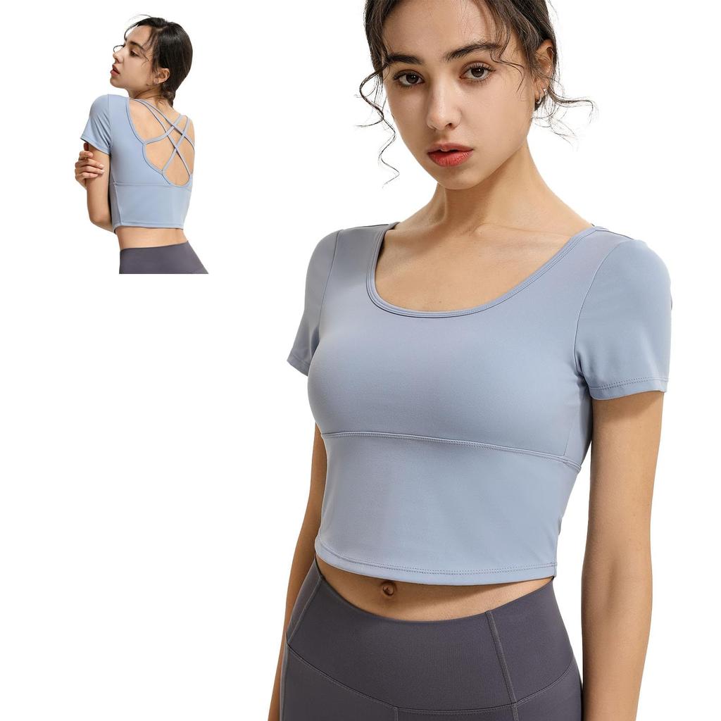 MORGEN SKY Short Sleeve Yoga Practice Shirt with Short and Innerwear for and Fitness Women's Cups, Length, Stretch, Breathable, Back-Shaping Yoga,