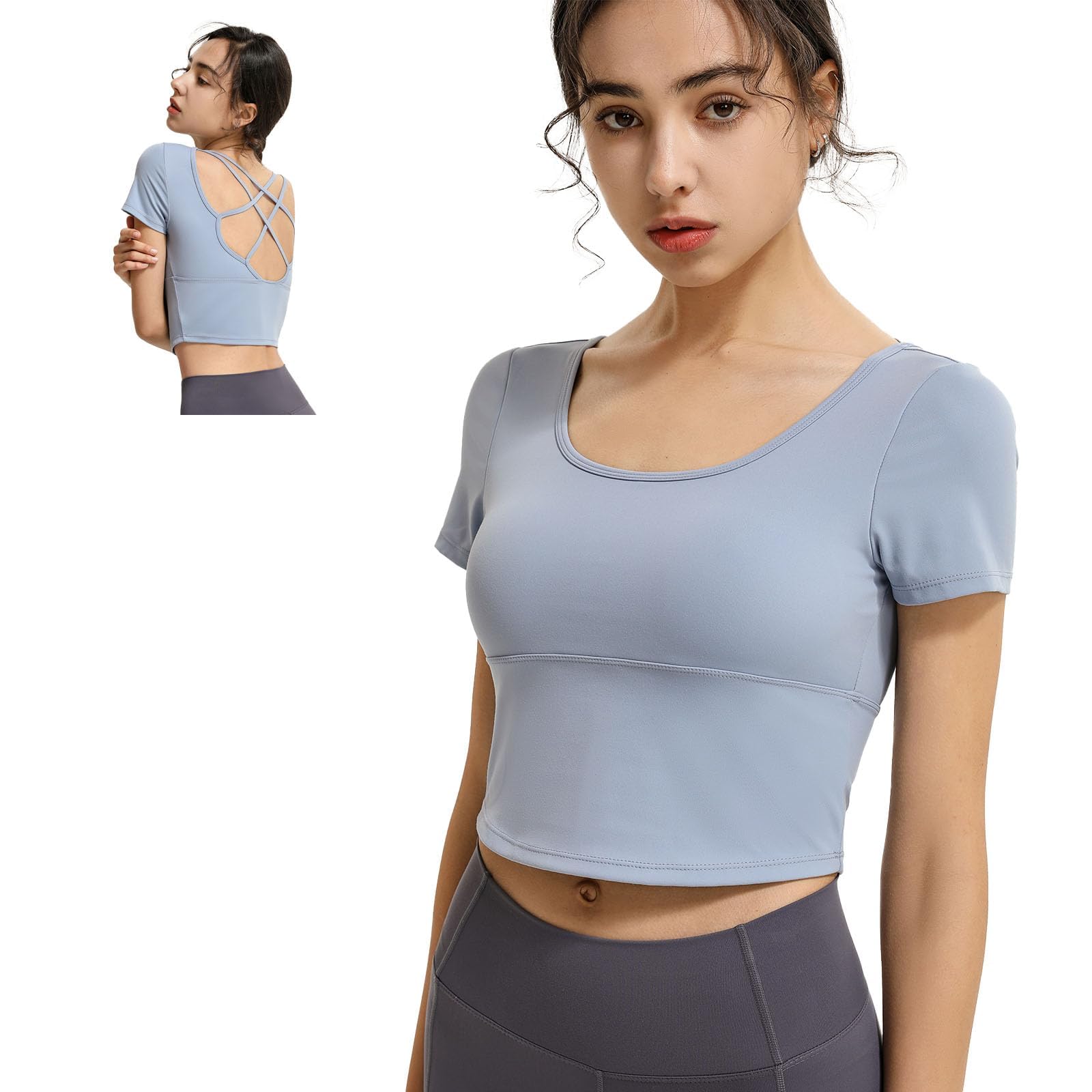 

MORGEN SKY Short Sleeve Yoga Practice Shirt with Short and Back Support for and Fitness Women s Cups, Length, Stretch, Breathable, Yoga, Pilates, синий
