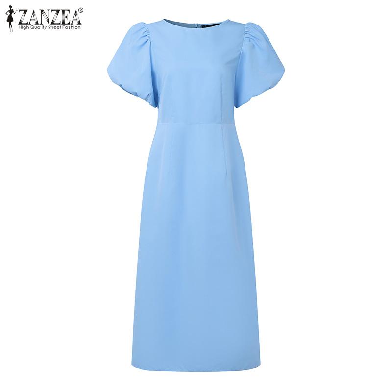 ZANZEA Women Summer Round Neck Puff Short Sleeve Casual Dress