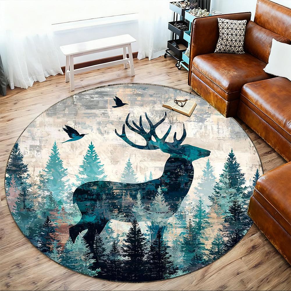 1PC Deer Forest Office Round Area Rug, Under Office Chairs Bedroom Living Room Home Decor,Carpet for Office, -1110240