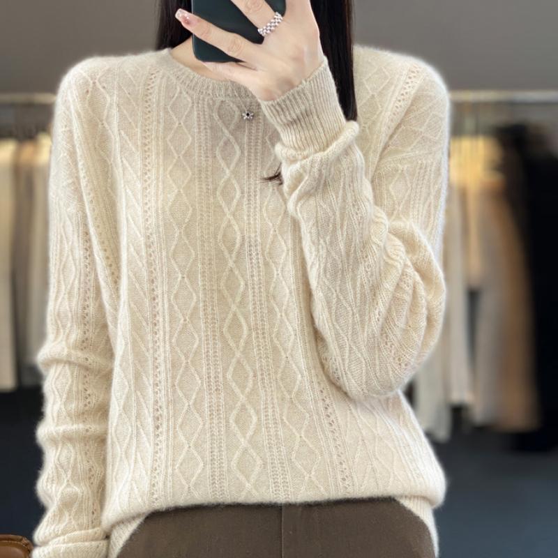 

Round Neck Crimp Wool Sweater for Women In Autumn and Winter Seven-needle Diamond-shaped Warm Cashmere Base Shirt Loose Versatile Top S