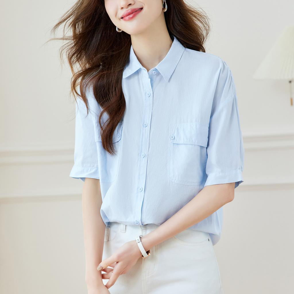 Latest Summer Korean Short-sleeved Blouse for Women Korean Relaxed Fit Double Pocket Thin Versatile Mid-sleeved V-neck