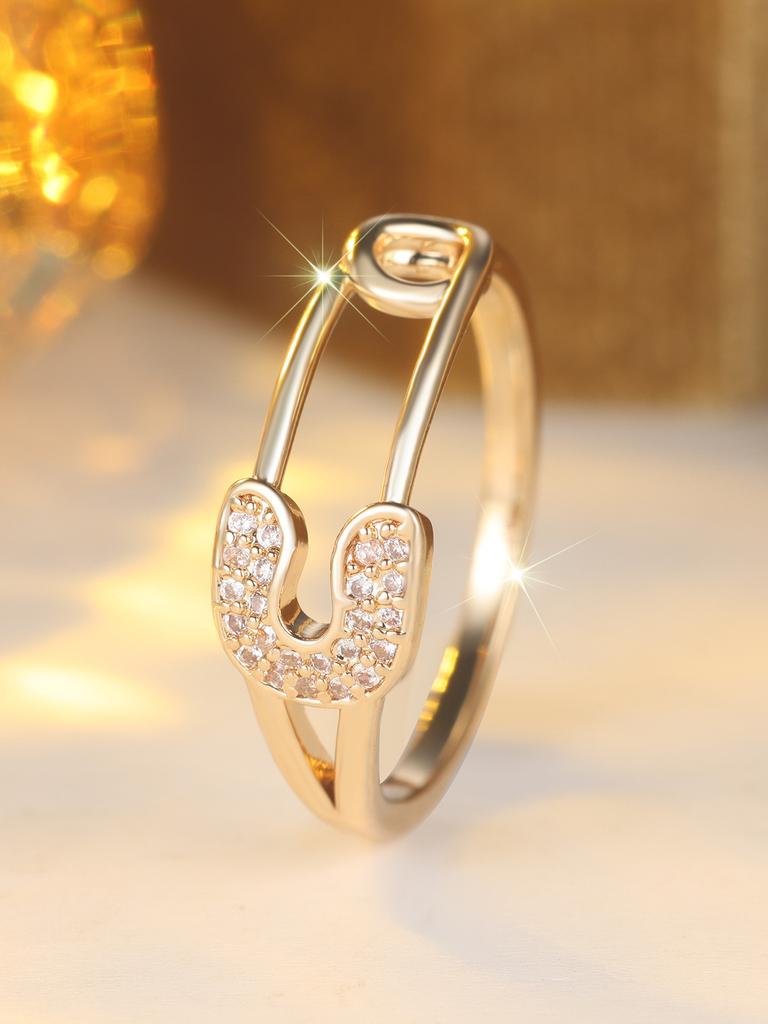Fashionable Gold Color Pin Style Sparkling Inlaid Zircon Ring, Suitable for Women's Simple Daily Party Jewelry Gifts