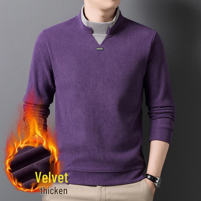 Men's Autumn/Winter Thickened Long-Sleeve Top, Half-High Collar, Plus Velvet Warm Knit Base Layer.