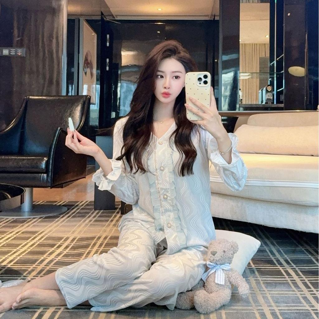 1011 autumn and winter golden velvet striped pajamas long-sleeved trousers Chinese temperament sweet lace loungewear two-piece set