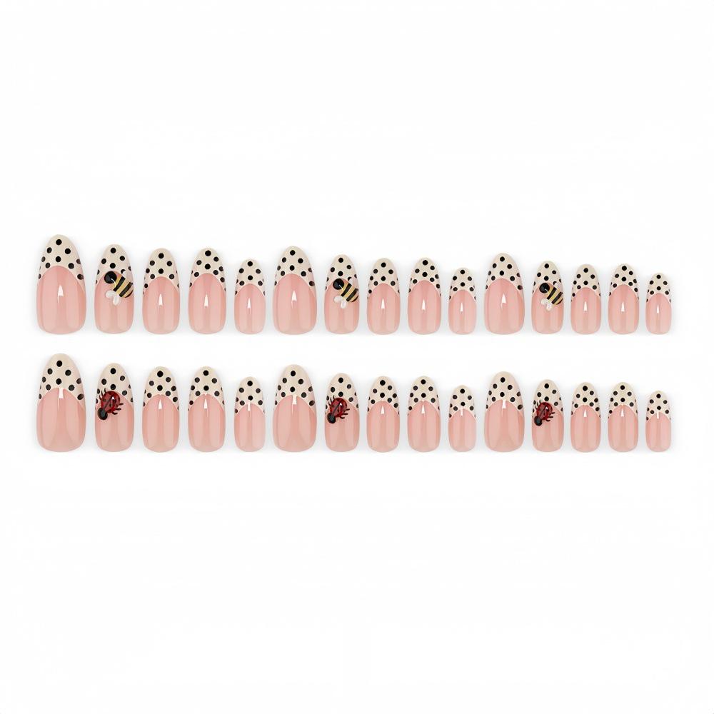 Black & White Polka Dot Ladybug Almond 3D Insect Nail Art - Nude Pink French False Nails