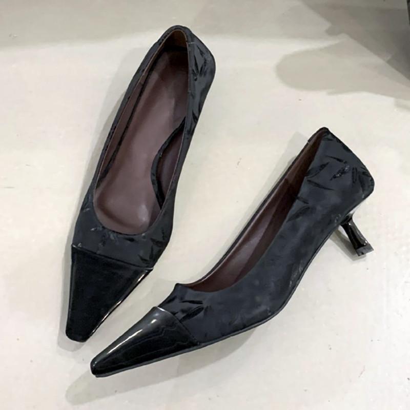 Fashion Luxury Satin Leather Splicing Women Pumps Sexy Square Toe Low Heel Muels Shoes for Women Elegant Printed Banquet Office Heels
