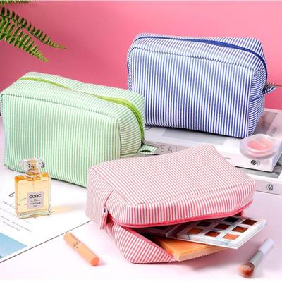 High-Value Double-Layer Striped Seersucker Cosmetic & Wash Bag with Handle