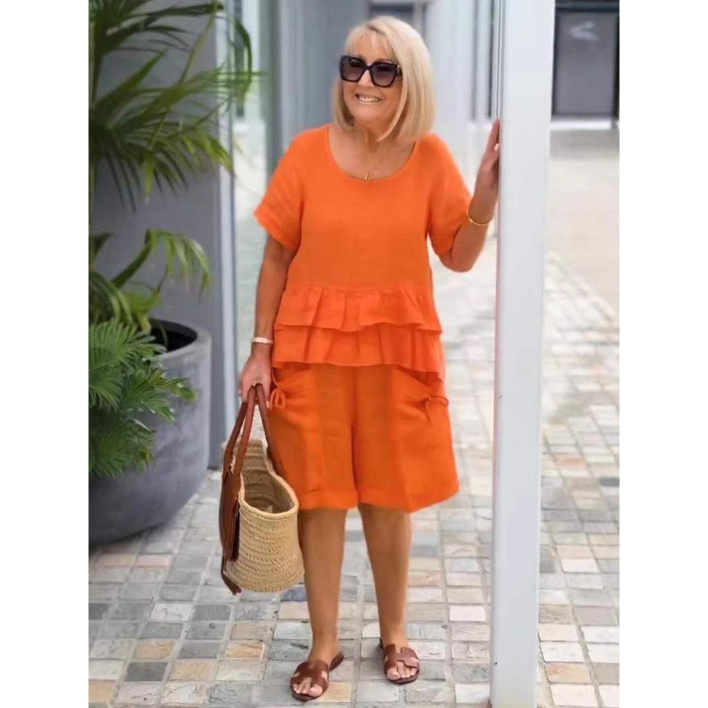 Spring/Summer 2026 Cotton Linen Two-Piece Set with Ruffled Short Sleeve Top and Pocketed Shorts