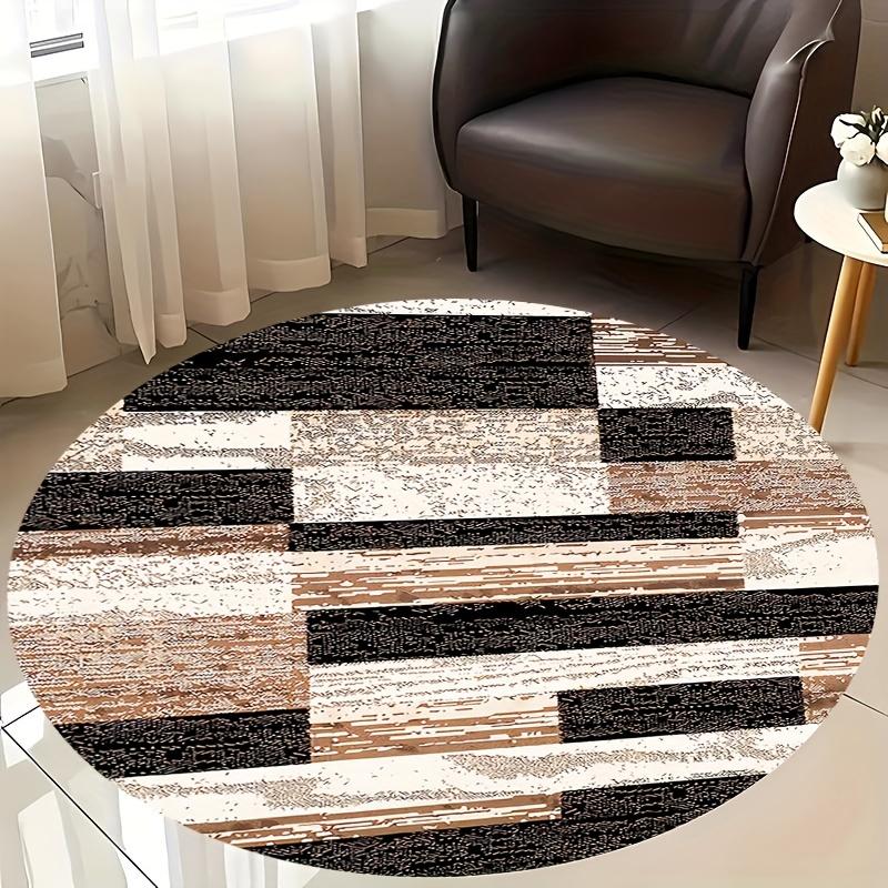 1Pcs Luxurious Geometric Stripe Pattern Round Area Rug Indoor Non-Slip Washable Fiber Carpet Soft Comfortable Mat For Bedroom Living Room