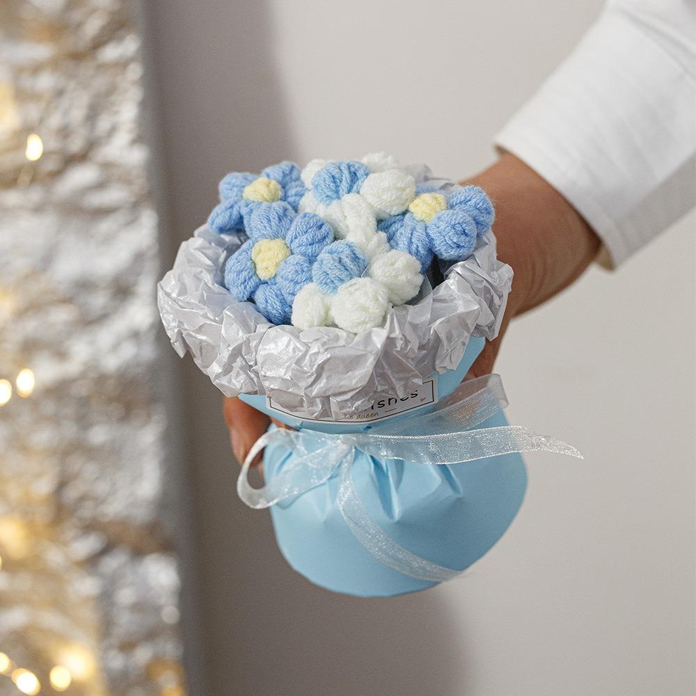 Handmade Knitted Finished Rose Flowers Bouquet Room Decoration Colorful Mini Finished Crochet Bouquet Birthday Valentine's Gift