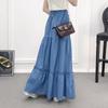 90cm Length Denim Skirts Women's Elastic High Waist Button Shirring Patchwork Ruffle Long Skirt Casual Blue Skirts Streetwear