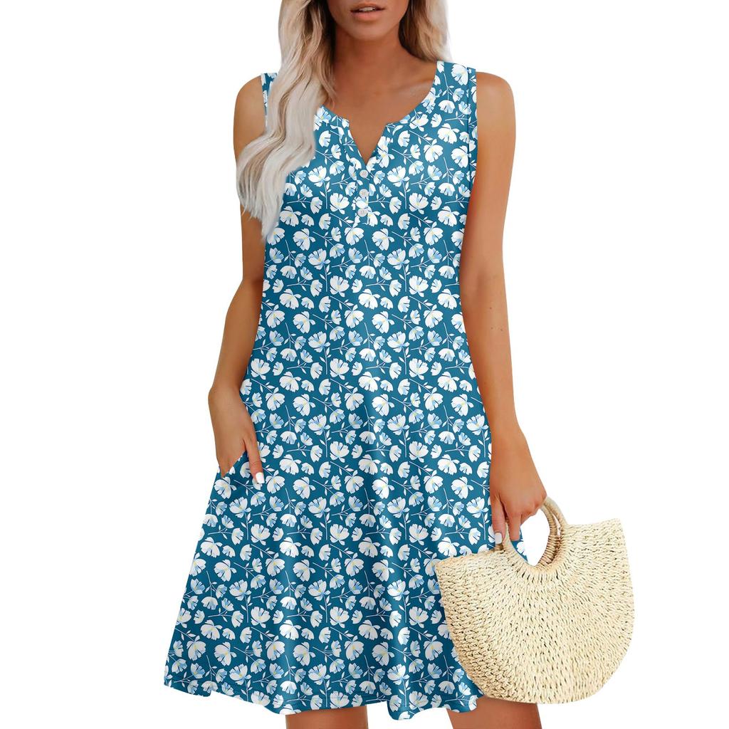 Dame sommerkjoler Løs V-hals Ermeløse solkjoler Kjole med lommer