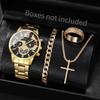 4pcs-trendy Hip-hop Men's Business Watch Bracelet Ring Set, Analog Mechanical Watch Quartz Watch Men's Clock (no Box)