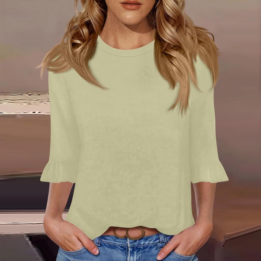 Top casual de damă cu mâneci 3/4, de vară, cu gât rotund, cu mâneci bufante