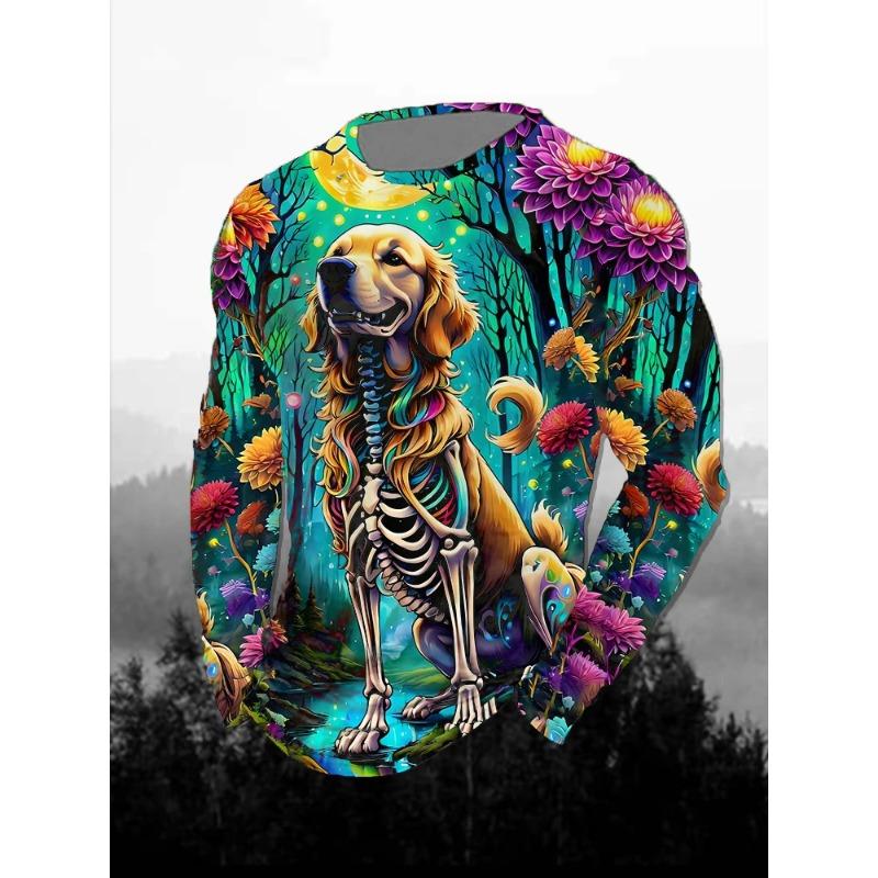 Spring and Autumn Round Neck Halloween Fun Horror Pattern 3D Printed Top Fashionable Casual Long Sleeved Men's T-shirts