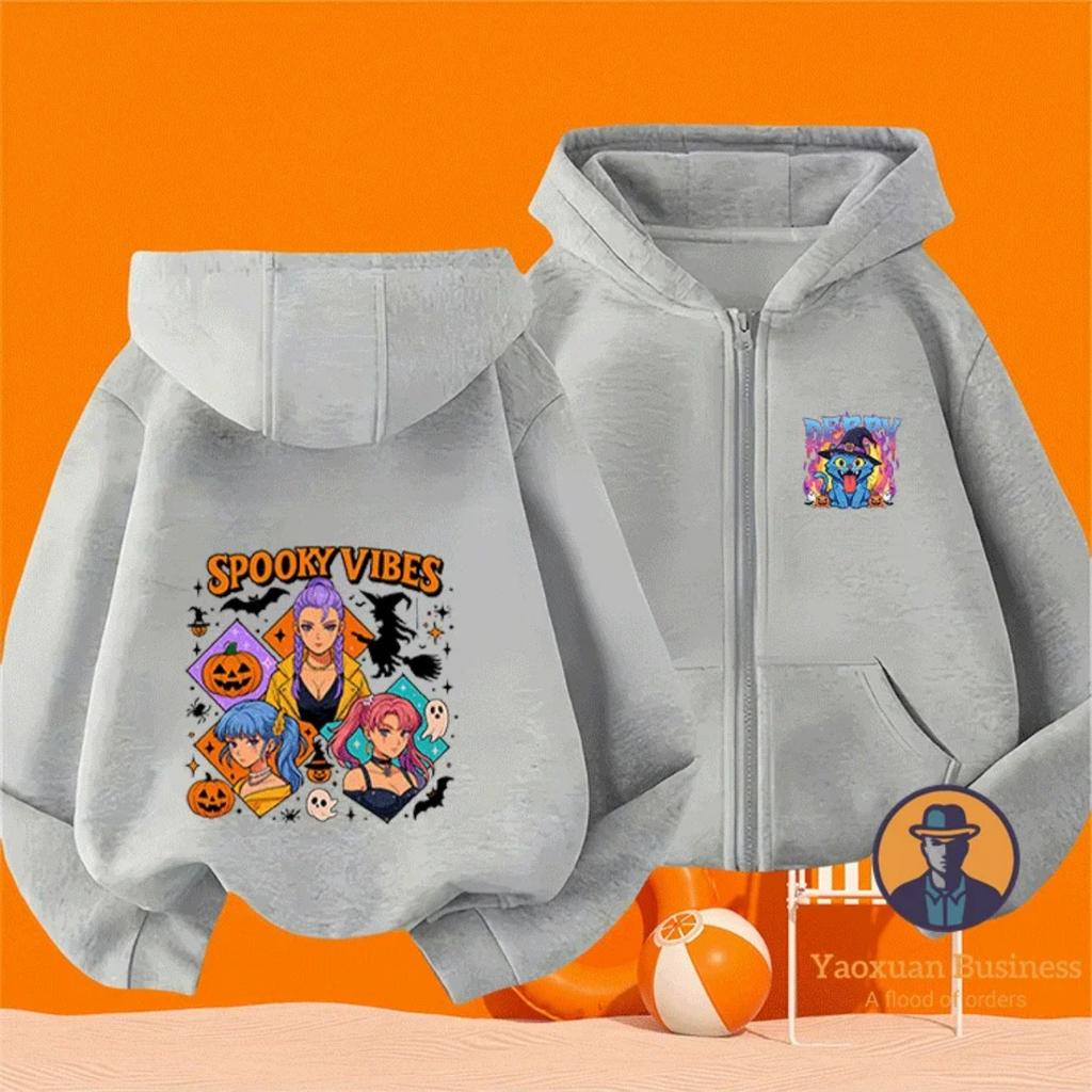 Halloween Style KPop Devil Hunter Girl Children's Zipper Hoodie Cute Cartoon Print Warm Windproof Autumn and Winter Fashion Clothing