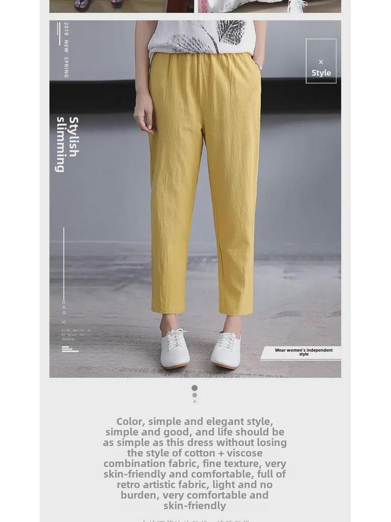 Dammode Sommar Bomull Linne Haremsbyxor - Koreansk Stil, Lös Passform, Plusstorlek, Smickrande, Raka Ben, Nio-punktslängd.