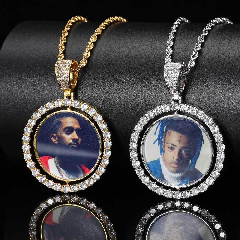 Rotatable Double-Sided Zircon Photo Pendant Necklace