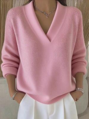 2025 V-Neck Loose Knit Sweater: Women's Casual Solid Color Fashion for Autumn/Winter