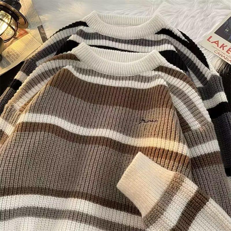 Sweater Men's Japanese retro striped contrasting bottoming sweater, thread sweater, thickened trendy brand loose knitted sweater jacket in autumn 