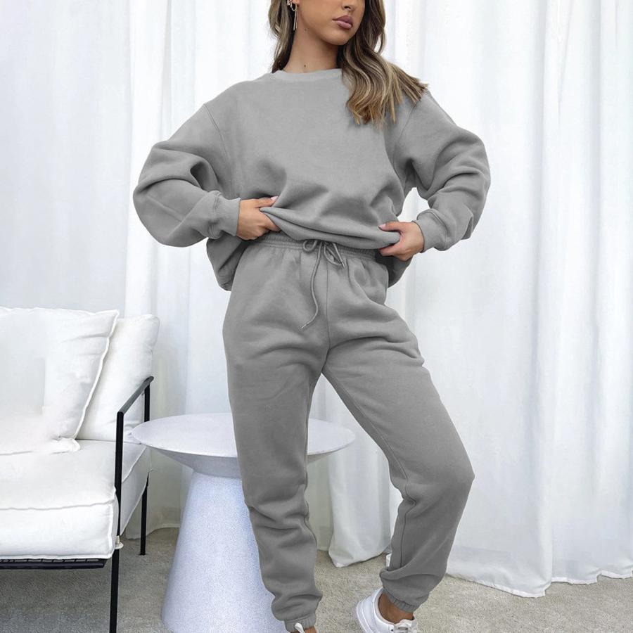 Spring/Autumn Solid Color Crew Neck Pullover Long Pants Women's Fashion Casual Long Sleeve Hoodie Set