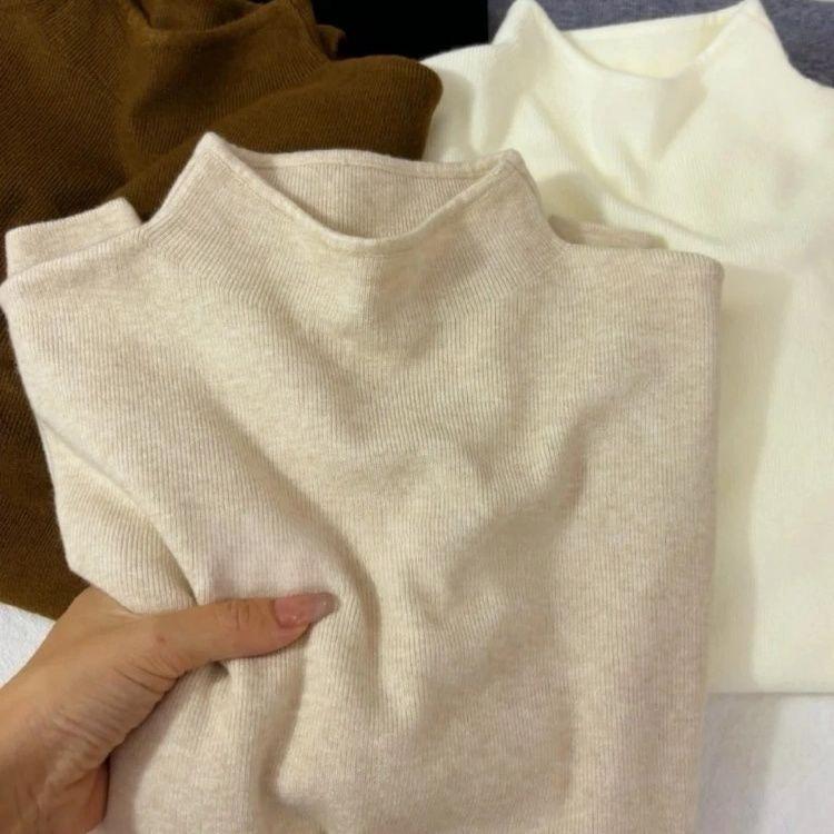 Women Half Turtleneck Knitted Sweater Soft Slim Fit Long Sleeve Base Layer Tops Solid Color Casual Autumn Winter Basic Pullover