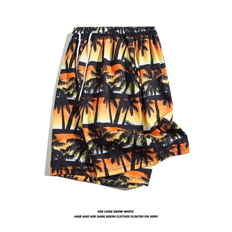 Ice Silk Cool Hawaiian Beach Shorts Men'S Summer Thin Design Japanese Retro American Trendy Brand Casual Five Quarter Pants