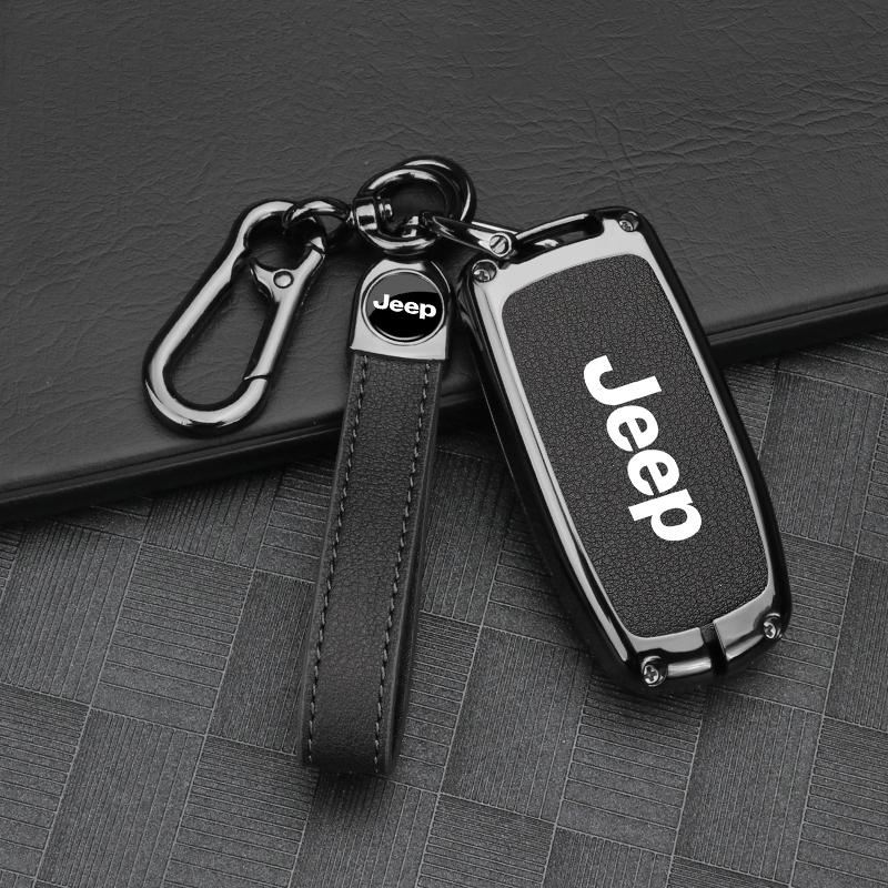 Zinc Alloy Leather Car Key Case for Jeep Grand Cherokee WK2 Wrangler JK Commander Renegade Compass Auto Accessories