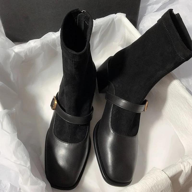

Замшевые женские ботильоны на толстом каблуке, модная кожаная обувь для женщин, тренд 2025 года, готические ботинки челси, туфли-лодочки, новые зимние ботинки Muejr 39 чёрный