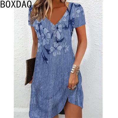 Damen Sommerkleid Vintage Blumenmuster Mini Kleid V-Ausschnitt Kurze Ärmel Lässige Strandurlaubskleider Übergroßes Kleid
