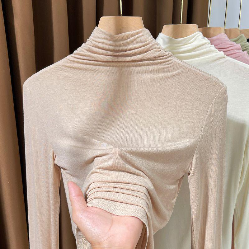 Modal High-Neck Base Layer Top for Women, Spring/Autumn, Tight-Fit, Long Sleeve, Mask T-Shirt, Thin Outerwear