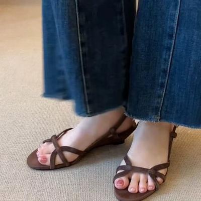 Fashion Retro Soft Leather Hollow Back Strap Open Toe Sandals for Women Summer Fashion Wedge Heel Temperament Round Toe Roman Shoes